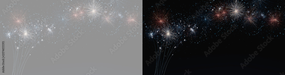 Fototapeta premium Abstract fireworks celebration overlay, twin colourful firework sparks arch bursts on black background wide banner, night sky fireworks explosion effect with trailing light streaks, 4th anniversary