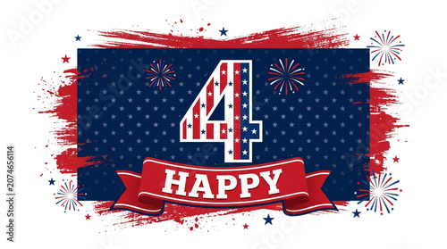 Patriotic Fourth of July banner with happy text and fireworks, American Independence Day graphic with red white and blue stars, festive holiday background