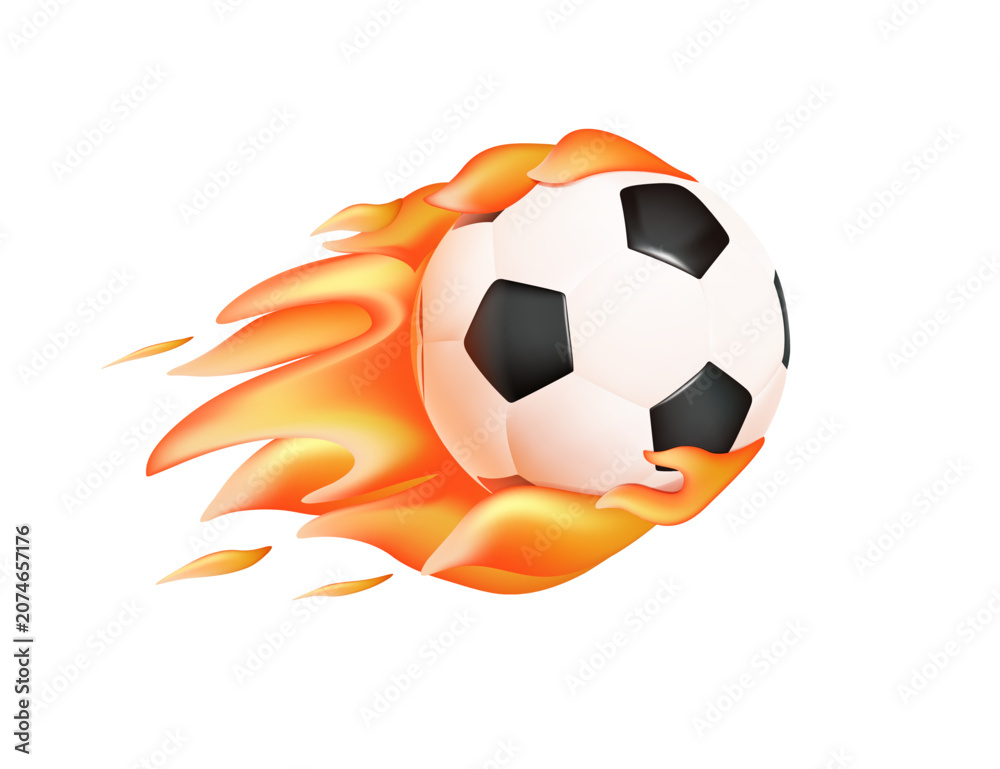 Fototapeta premium Fiery soccer ball 3D vector illustration with blazing flame trail symbolizing speed, power, competition and victory.