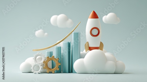 Three dimensional illustration depicts business growth and successful project launch elements