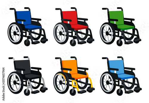 Diverse colored wheelchairs, essential medical equipment, providing accessibility, mobility, and transportation for people with disabilities