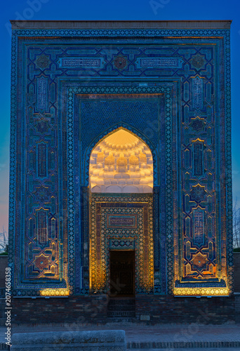 Night image of beautiful mausoleum facade in Shah i Zinda, Uzbekistan.