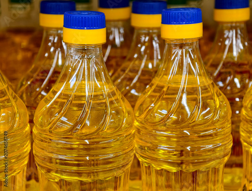 Yellow plastic bottles of oil displayed for shoppers in a supermarket aisle