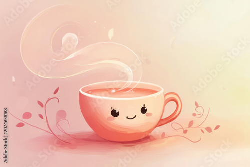 Cozy Kawaii Teacup - A charming pastel pink mug with a cute smiling face releases elegant swirls of warm steam while resting gently amidst delicate botanical vines and soft gradient lighting