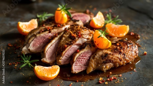 French cuisine. 
Exquisite meat dish Duck breast with oranges (Canard à l'orange / Magre de canard). The meat is cut into thin slices and served with slices of fresh oranges, rosemary sprigs and pink 