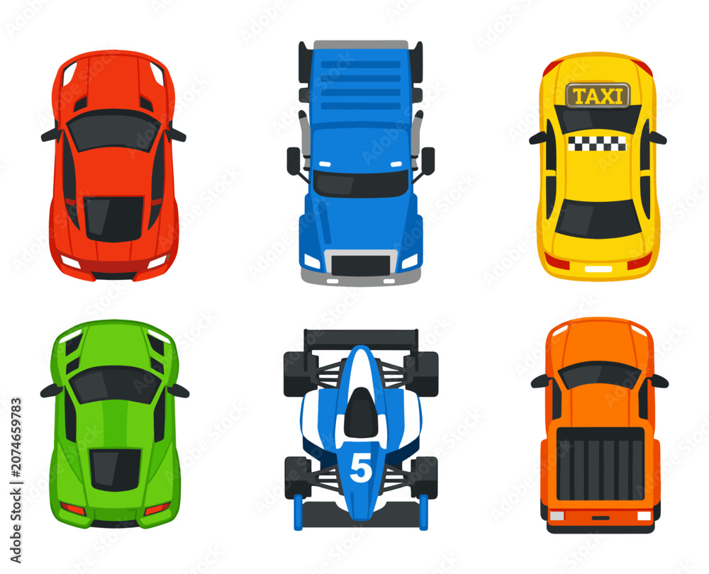 Obraz premium Showing a top-down view of a sedan, truck, taxi, racecar and pickup