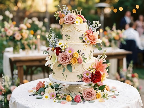 Elegant Tiered Wedding Cake with Fresh Floral Decorations.