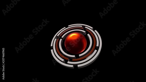 3D Abstract Red Sphere with Rotating Metallic Tech Rings Loop