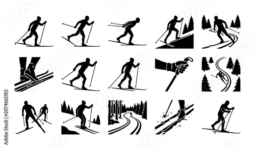 Cross country skiing silhouette icons, 15 black and white nordic ski vector elements, winter sports athlete silhouettes for mountain resort branding