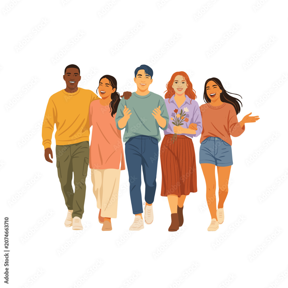 Fototapeta premium A diverse group of five friends walking together with smiles and a sense of togetherness.