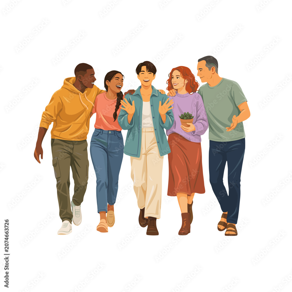 Obraz premium A diverse group of five friends walking together, arm in arm.