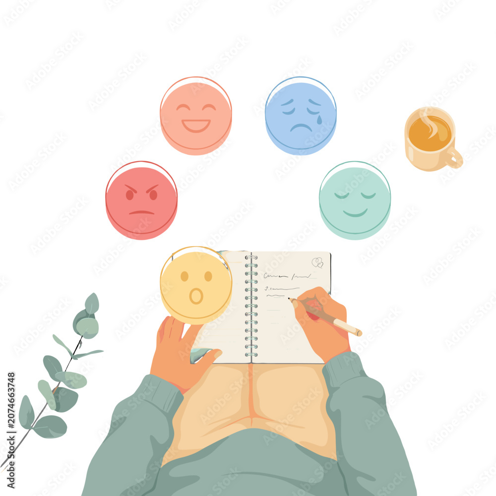 Obraz premium A person's hands writing in a journal surrounded by emotion emojis and a cup of coffee.
