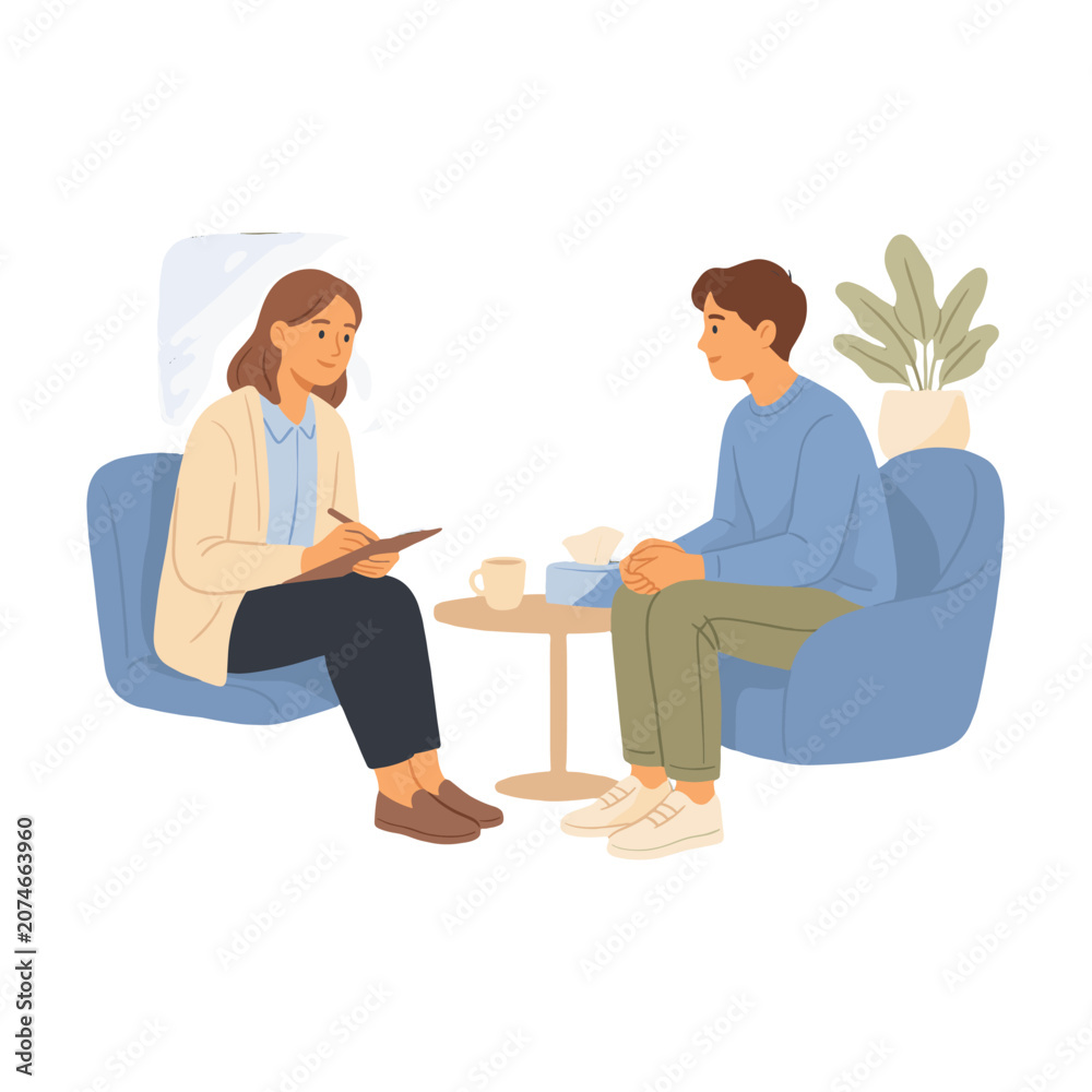 Obraz premium A therapist counseling a young man in a modern office setting.
