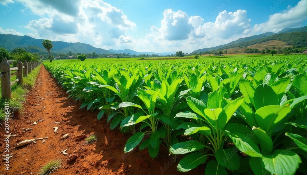 Fototapeta premium Vast green tobacco farm under blue sky with fluffy clouds. Red dirt path borders rows of leafy plants. Hills and trees form backdrop on sunny day. Rural landscape thrives.
