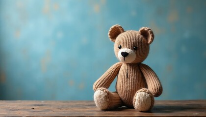 Knitted teddy bear sits on rustic wooden table against textured blue wall. Soft toy evokes childhood memories, nostalgia and comfort. Copy space available for text.