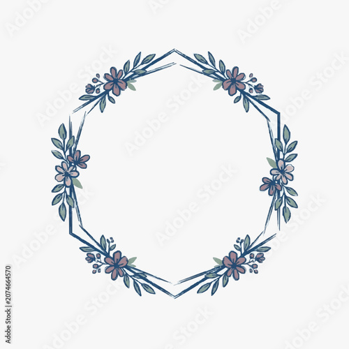 Elegant Hexagonal Floral Frame with Blue Flowers and Leaves.