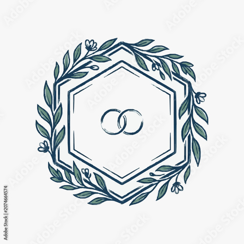 Elegant Hexagonal Frame with Intertwined Rings and Leafy Branches.