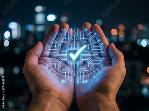 Hands holding glowing digital circuit board with checkmark.