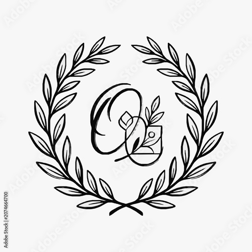 Elegant monochrome floral wreath with decorative emblem.