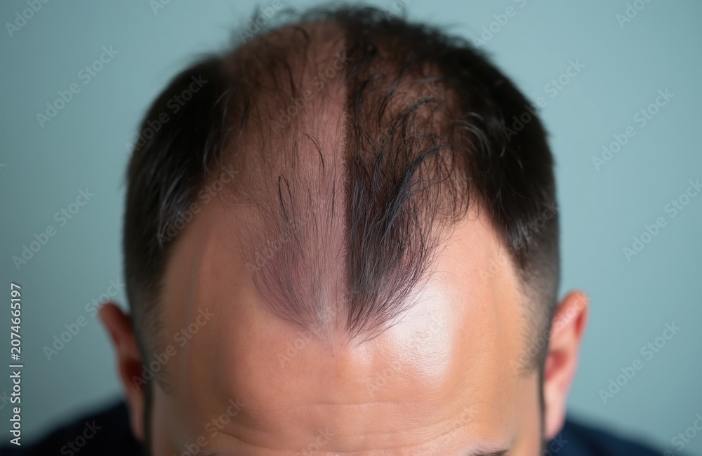Fototapeta premium Close up view shows man scalp with receding hairline. Illustration cosmetic procedure creating hair density illusion. Medical aesthetic treatment simulates fuller head of hair, addresses thinning