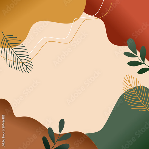 Abstract Organic Floral Background with Copy Space. Modern abstract background with organic shapes, botanical leaves and soft earthy colors. Elegant vector design with large copy space