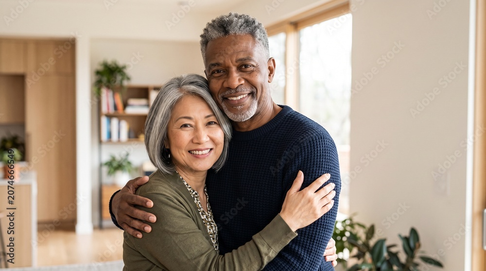 Fototapeta premium Happy mixed race mature couple embracing at home, smiling senior african husband hugging middle aged asian wife, loving senior family lifestyle