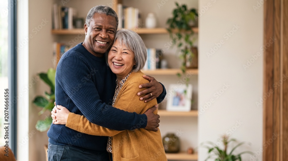 Fototapeta premium Cheerful mature diverse couple embracing in cozy living room smiling senior african american husband and asian wife looking at camera loving retirement concept