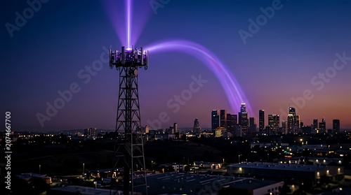 Telecommunication tower with light beams over city skyline at dusk.