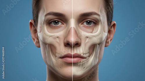 Human face anatomical comparison showing skin and underlying skull bone structure on blue background