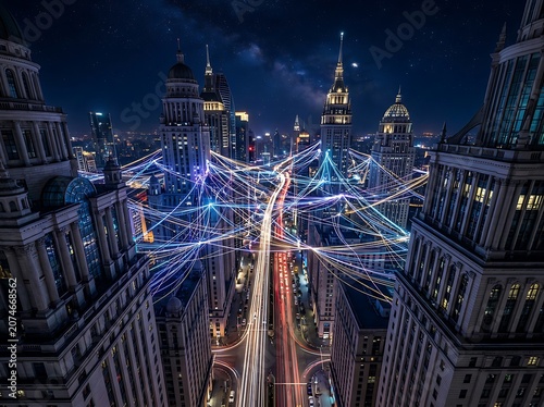 Futuristic cityscape with glowing digital connections at night.