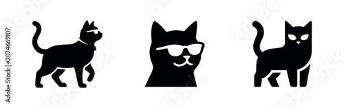 Foto Three black cat silhouettes with one wearing sunglasses, against a white background