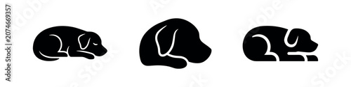 Quadro su tela Three black silhouettes of dogs sleeping or resting in different curled positions