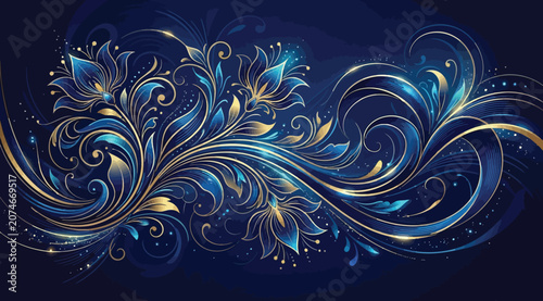 Tableau sur toile Beautiful blue and gold floral arrangement with blooming flowers and swirling le