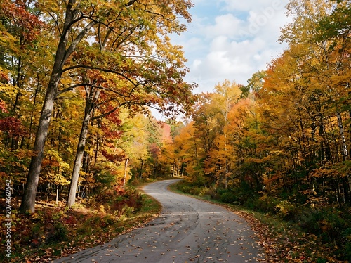Autumn forest path with fallen leaves and sunlight.