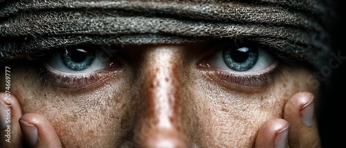 Intense blue eyes peer through a textured headwrap against a dark background, conveying resilience and deep emotion.