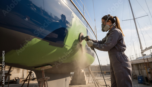 Professional female marine mechanic wearing a safety respirator carefully sanding the green hull of a large sailing yacht creating dust at a sunny outdoor drydock