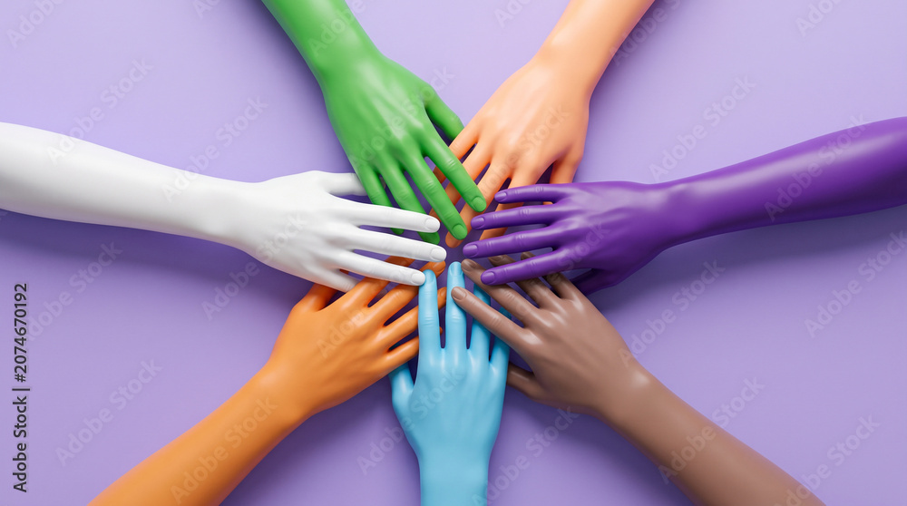 Fototapeta premium Top view of colorful mannequin hands arranged in a circle on a purple background, representing diversity, unity, teamwork, and collaboration