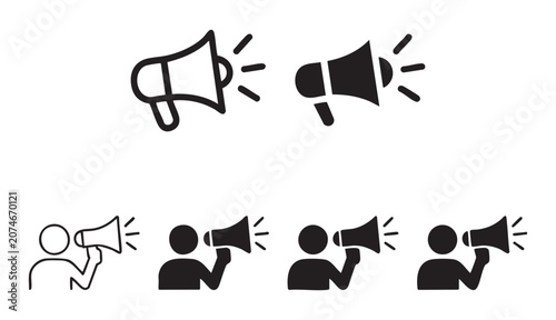 Megaphone announcement protest speech graphic outline filled icons set people.