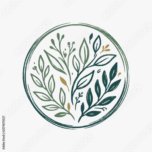 Hand drawn botanical illustration of leaves and branches in a circle.