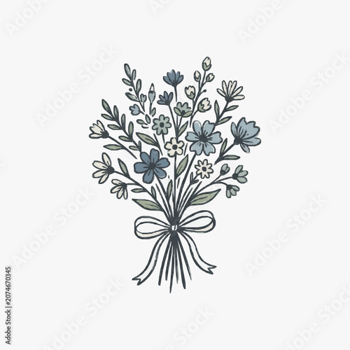 Hand drawn bouquet of wildflowers tied with a ribbon.