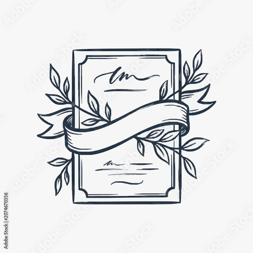 Hand Drawn Certificate with Ribbon and Leaves Illustration.