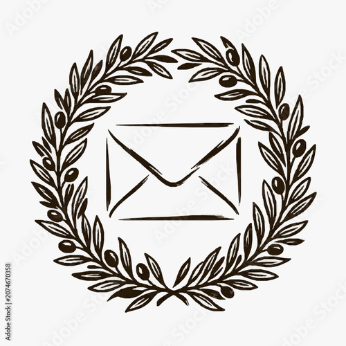 Hand Drawn Envelope Emblem with Olive Branch Wreath.