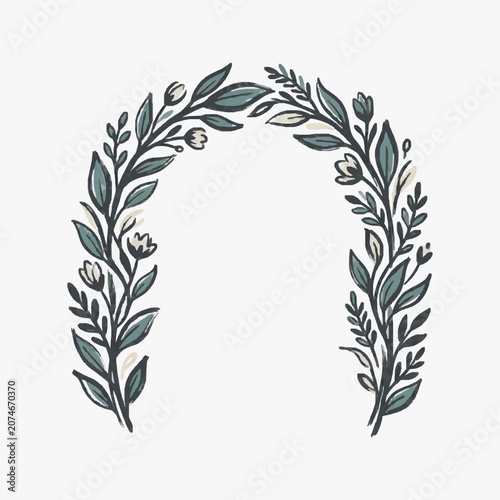 Hand Drawn Floral Archway with Green Leaves and Buds.