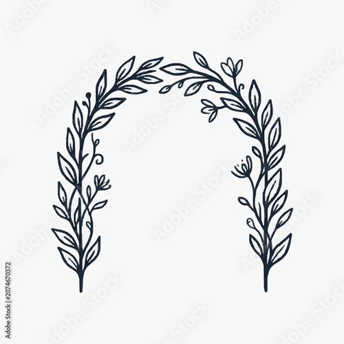 Hand drawn floral archway with leaves and small flowers.