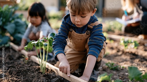 Young child measuring garden bed soil while learning about planting in outdoor educational vegetable garden