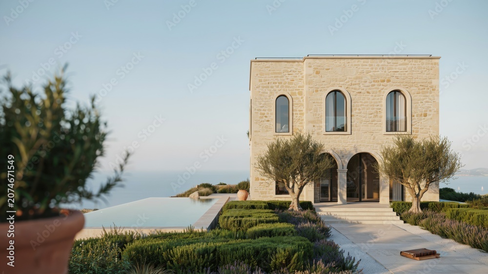 Obraz premium Mediterranean villa features classic stone architecture with a private infinity pool overlooking the calm blue ocean.