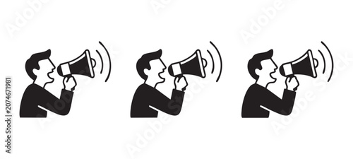 Foto Man speaking megaphone broadcasting announcement sound waves communication protest
