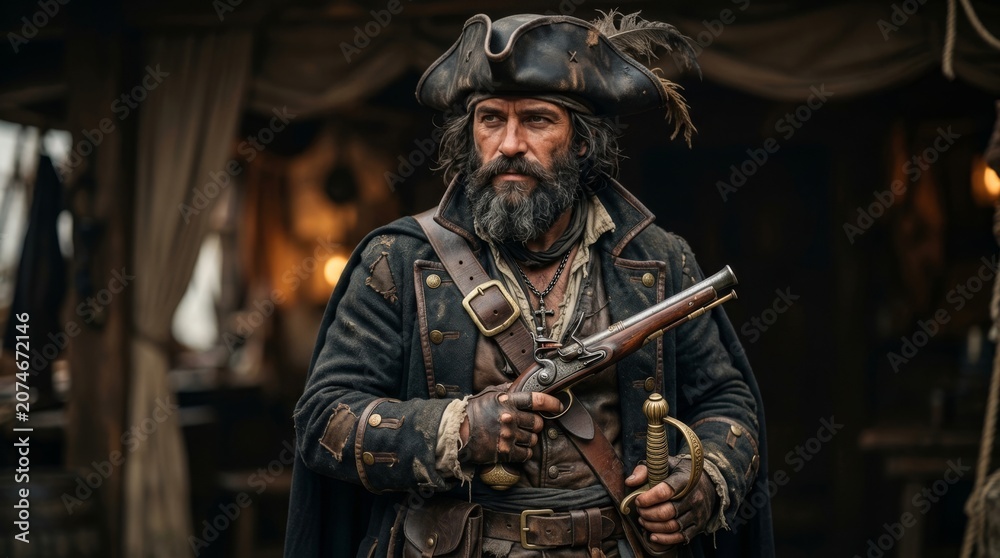 Naklejka premium Close-up portrait of a weathered pirate on a ship at sea, dressed in historical attire and holding a flintlock pistol and sword, with a ship's flag and ocean in the background