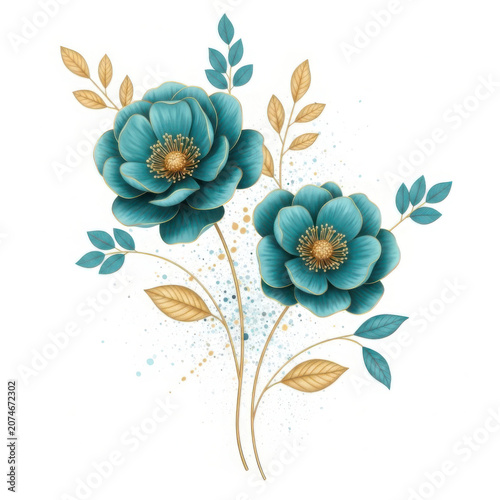 Two beautiful teal blue flowers with decorative green and orange leaves in a stylish floral bouquet illustration