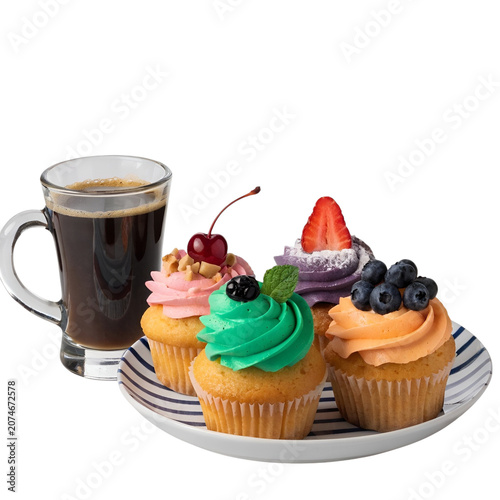 Colorful Cupcakes on Plate with Glass Mug of Coffee Isolated on Transparent Background